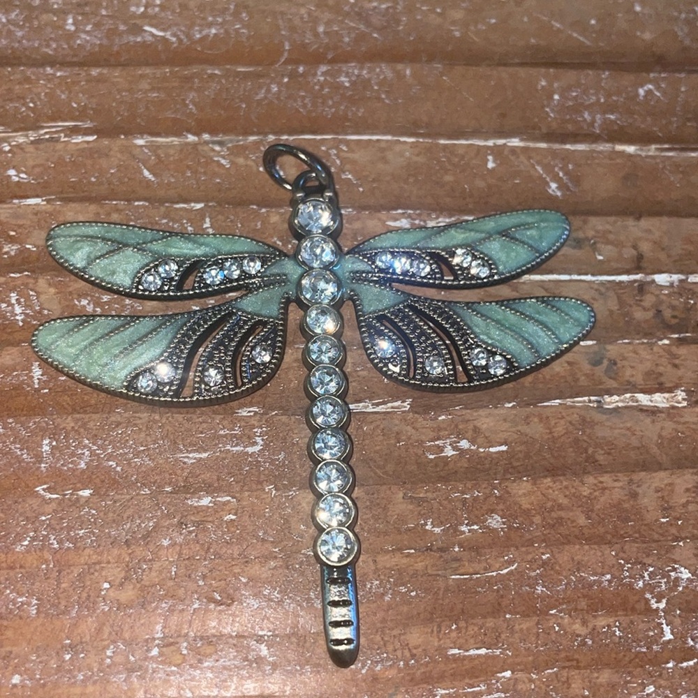 Filigree Centerpiece Dragonfly Pendant etched  moss green enamel and Rhinestones